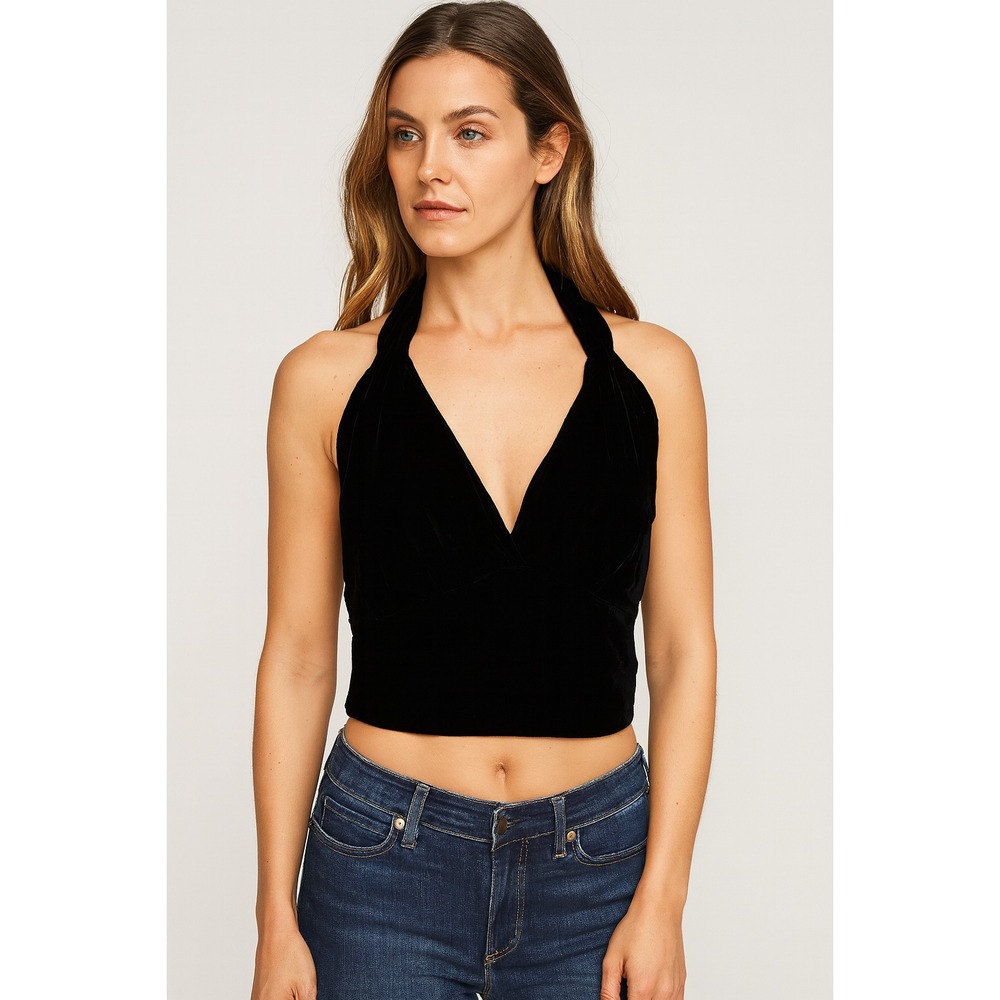 VTG 70s 80s Jeans of California Black Velvet Halter Top Y2K M Grunge Party